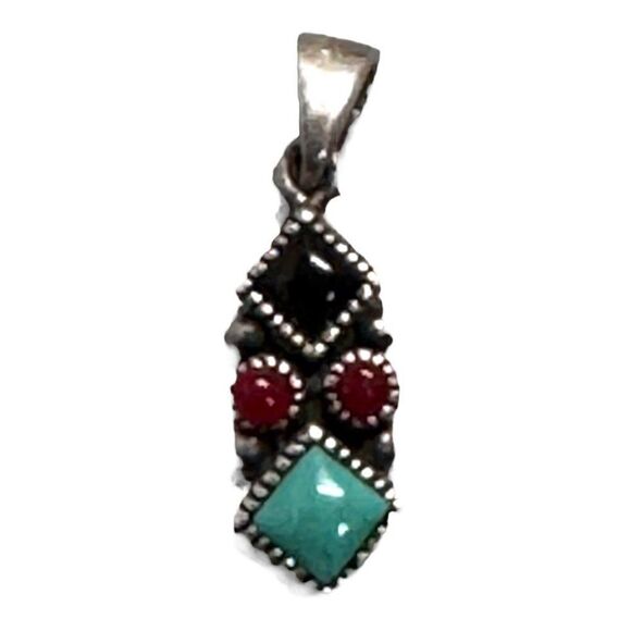 Vintage Native American Sterling Silver Pendant Turquoise Onyx Red Coral Signed - Picture 1 of 5